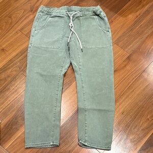 Olive Green Drawstring Denim Cotton Pants by Oneteaspon
